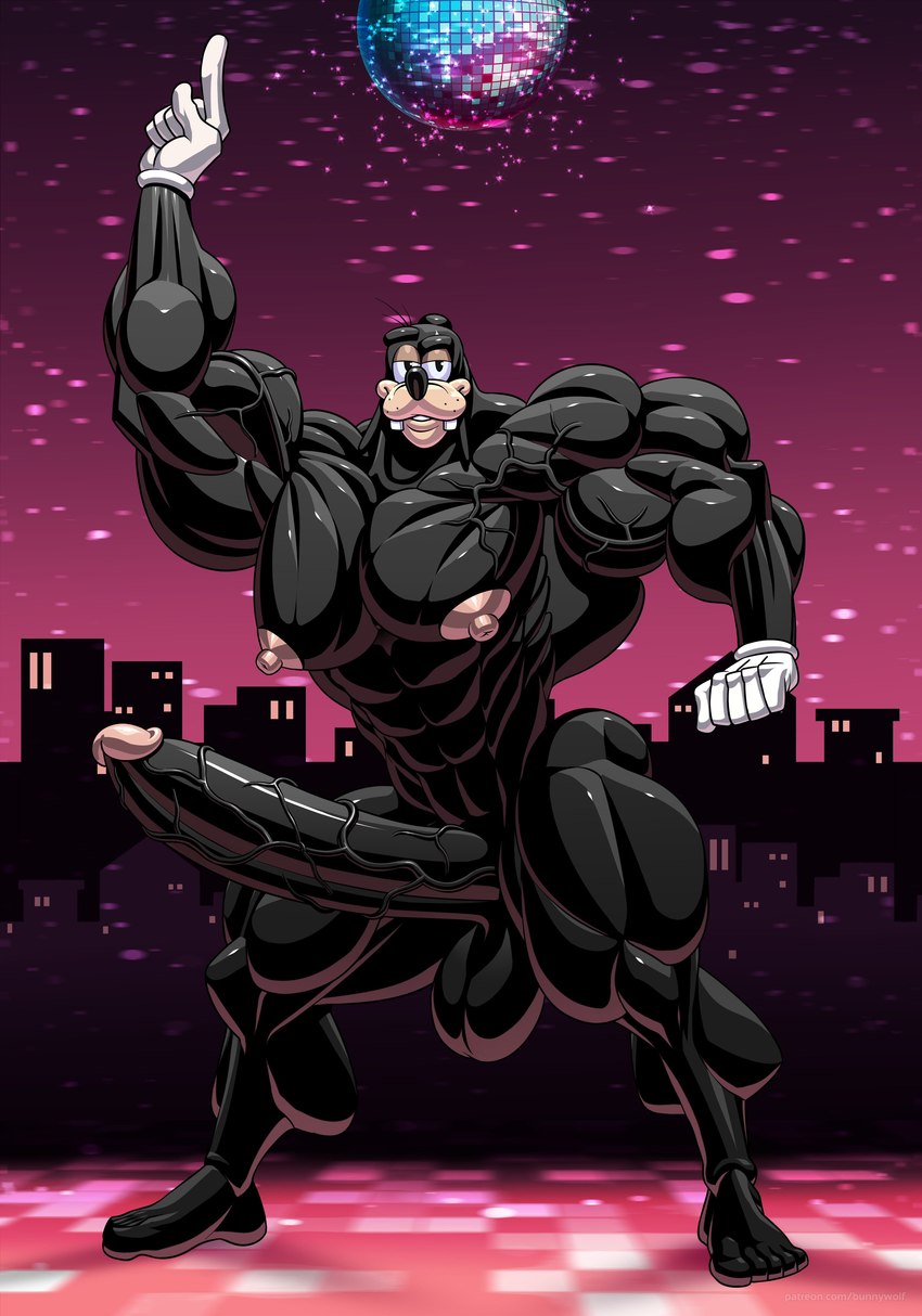 5_fingers 5_toes abs anthro balls biceps big_biceps big_muscles big_nipples big_pecs big_penis black_balls black_body black_fur black_nose black_penis building butt clothing dance_floor dancing detailed_background disco disco_ball erection feet fingers fur genitals glans gloves gloves_only hair handwear handwear_only huge_muscles huge_penis humanoid_feet humanoid_genitalia humanoid_penis hyper hyper_muscles looking_at_viewer male mostly_nude multicolored_body multicolored_fur muscular muscular_anthro muscular_male nightclub nipples nude pecs penis pink_glans pink_nipples plantigrade smile solo tan_body tan_fur toes two_tone_body two_tone_fur vein veiny_arms veiny_muscles veiny_penis white_clothing white_gloves white_handwear wolfiecanem disney goof_troop goofy_(disney) canid canine canis domestic_dog mammal absurd_res digital_media_(artwork) hi_res