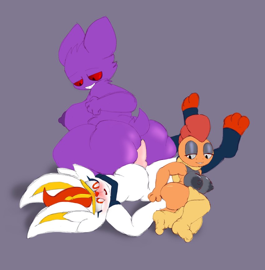 anthro big_breasts big_butt breasts butt female genitals grey_nipples group hot_dogging male narrowed_eyes nipples penis purple_nipples seductive sex trio fuzefurry nintendo pokemon cinderace generation_1_pokemon generation_5_pokemon generation_8_pokemon gengar pokemon_(species) scrafty absurd_res hi_res