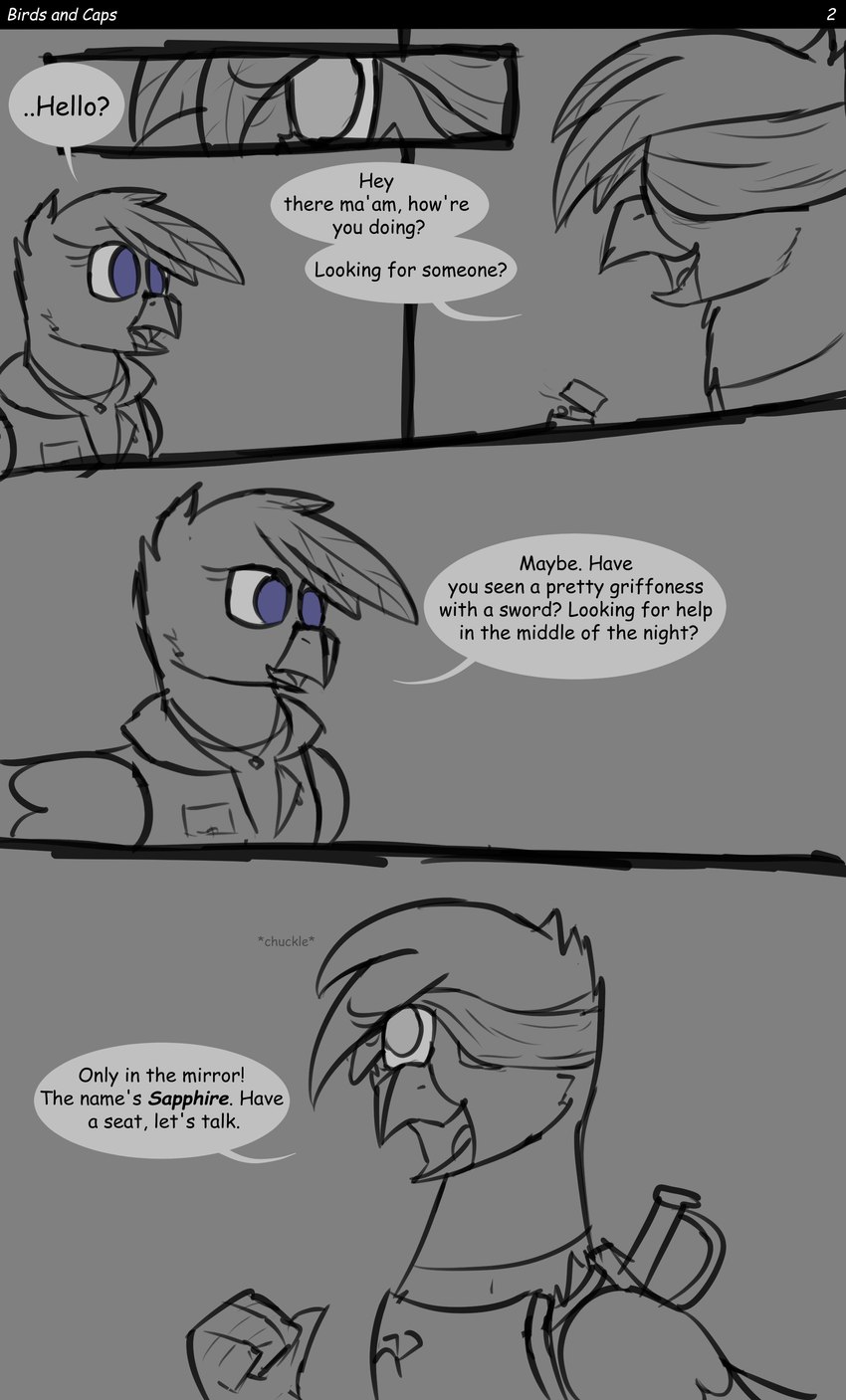 clothing dialogue duo eye_patch eyewear female feral greeting text sombird hasbro my_little_pony mythology gaela_(sombird) sapphire_horizons_(sombird) avian gryphon mythological_avian mythological_creature absurd_res comic english_text hi_res