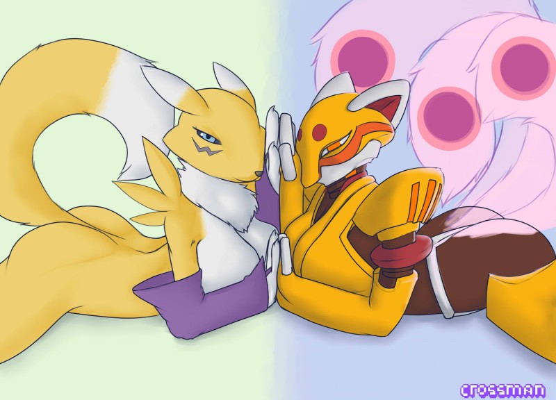 blue_eyes breasts duo female simple_background yellow_body crossman bandai_namco capcom digimon mega_man_(series) mega_man_zero cubit_foxtar canid canine digimon_(species) fox mammal renamon reploid hi_res