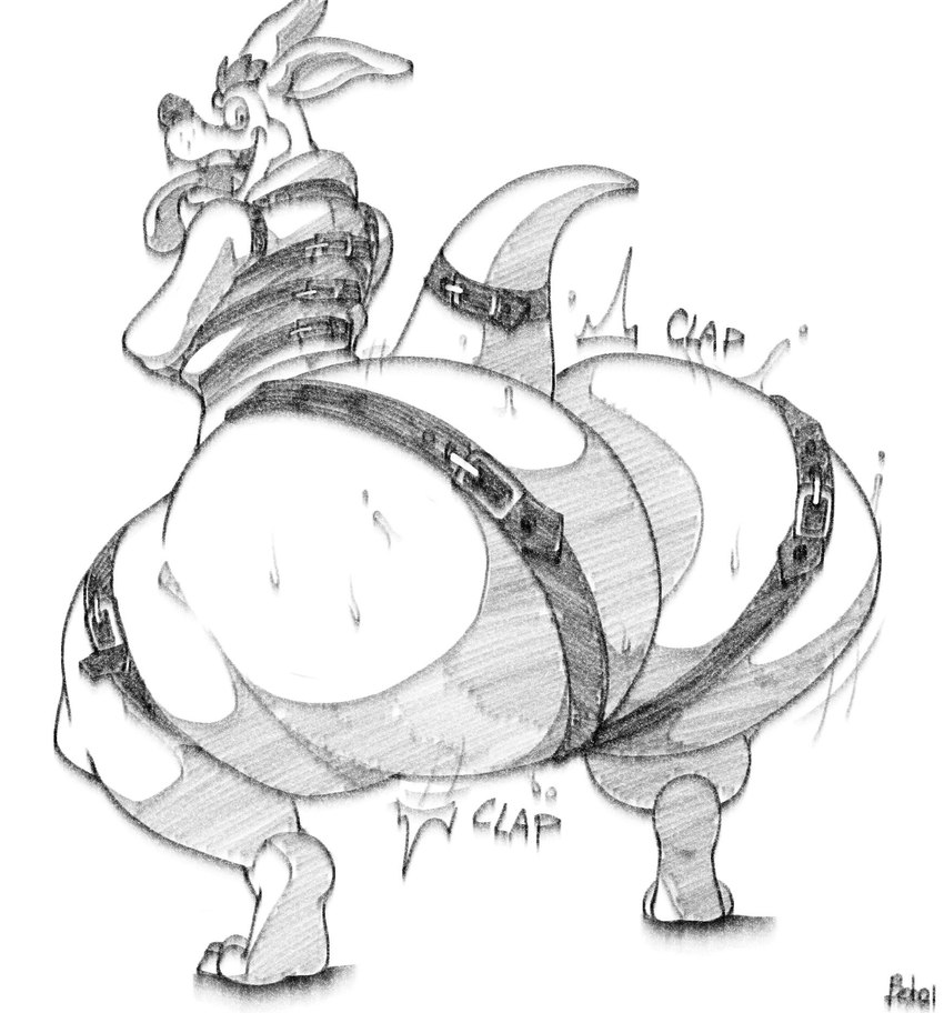 anthro barefoot big_butt bubble_butt butt feet huge_butt jiggling looking_at_viewer male restraints solo straitjacket thick_thighs tongue tongue_out bobthetanuki activision crash_bandicoot_(series) ripper_roo kangaroo macropod mammal marsupial hi_res monochrome