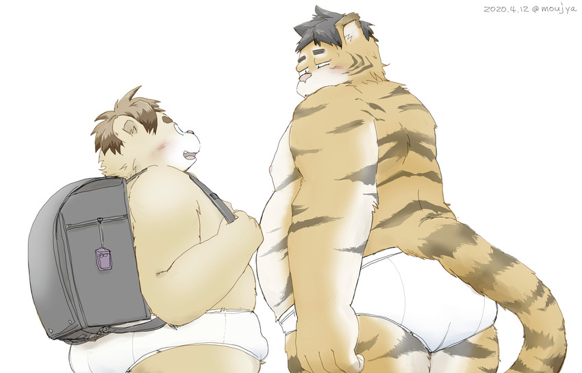 anthro backpack belly blush brown_body brown_fur bulge butt clothing duo fur kemono male moobs overweight overweight_male simple_background underwear young moujya bear felid mammal pantherine tiger 2020 hi_res