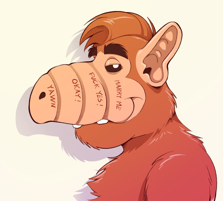 anthro black_sclera brown_body brown_fur fur graded_throat head_tuft looking_at_viewer male naughty_face side_view simple_background snout solo tan_ears tan_snout text tuft white_background anti_dev alf gordon_shumway alien melmacian 2023 bust_portrait digital_drawing_(artwork) digital_media_(artwork) english_text hi_res portrait