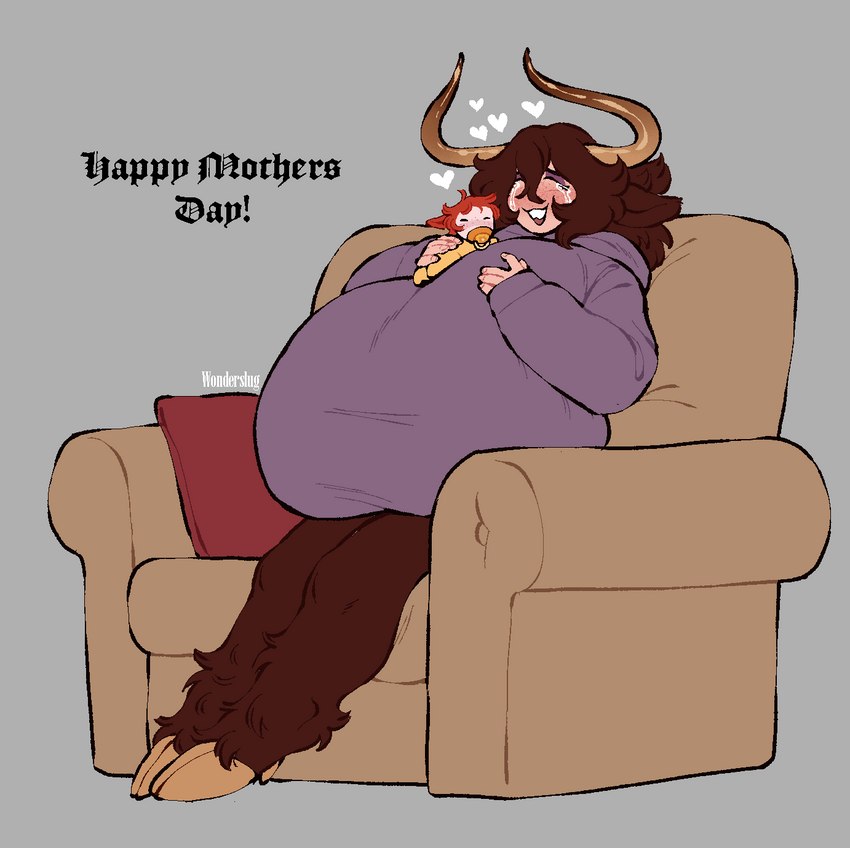 anthro baby big_breasts bodily_fluids breasts brown_body brown_fur clothing crying curved_horn dewclaw_hooves duo eyes_closed female fur furniture grey_background hair heart_symbol holidays hoodie hooves horn huge_breasts hyper hyper_breasts male object_in_mouth on_sofa open_mouth open_smile orange_hair pacifier pacifier_in_mouth simple_background sitting sitting_on_sofa smile sofa tears tears_of_joy text topwear young wonderslug european_mythology greek_mythology mother's_day mythology burratta_(wonderslug) butterscotch_(wonderslug) bovid bovine equid equine mammal minotaur mythological_creature mythological_equine unicorn yak english_text hi_res mother_(lore) mother_and_child_(lore) mother_and_son_(lore) parent_(lore) parent_and_child_(lore) parent_and_son_(lore) son_(lore)