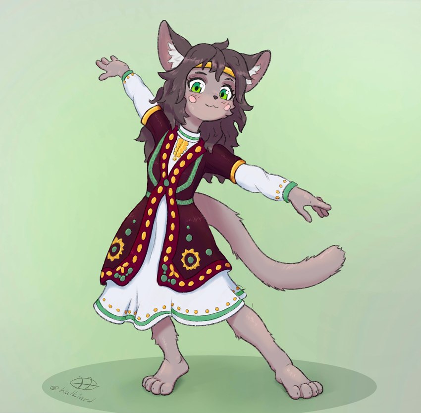 anthro bashkir blush clothed clothing dancing female kemono looking_at_viewer simple_background solo tail turkic_clothing halkiart domestic_cat felid feline felis mammal absurd_res hi_res