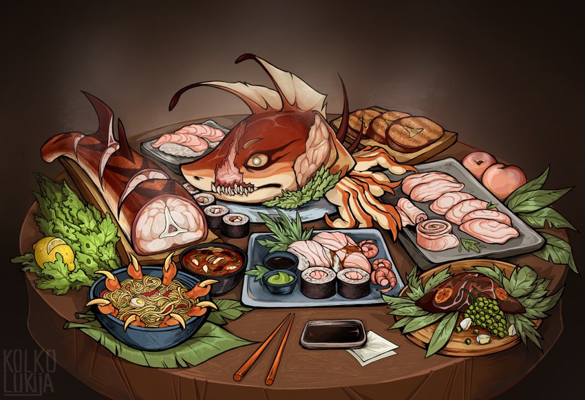 anthro beef cooking cooking_with_furs cooking_with_scalies death dish dishes female fin food fruit gore grill leaf lemon meat noodles peach_(fruit) plant plate ramen sashimi sauce shark_tail solo steak sushi kolkolukija fish marine shark