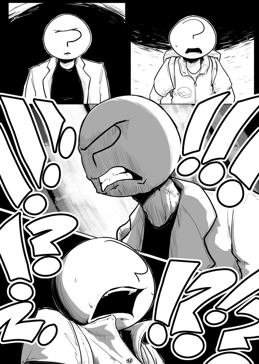 4_panel_comic angry bodily_fluids clenched_teeth clothed clothing duo exclamation_point eyebrows looking_at_another male open_mouth pokemon_print question_mark standing sweat sweatdrop teeth shoutingisfun nintendo pokemon anon human mammal 2024 comic digital_media_(artwork) hi_res monochrome