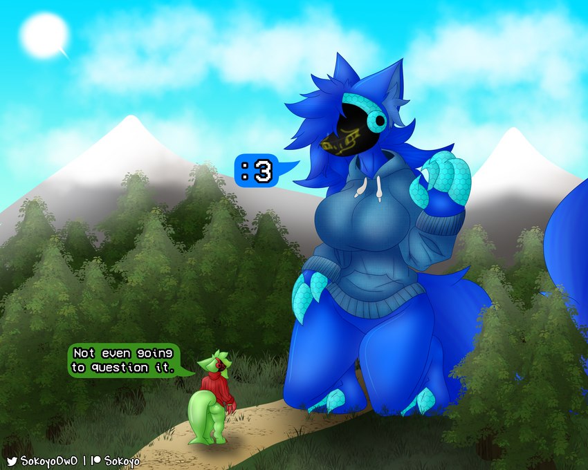 3_toes 4_fingers anthro big_breasts big_feet blue_body blue_eyes blue_fur blue_hair bottomless breasts claws clothed clothing cloud cybernetics evergreen_tree extreme_size_difference feet female fingers fluffy forest forest_background fur green_body green_fur green_hair green_skin hair hoodie hoodie_only inner_ear_fluff kneeling long_tail machine macro male male/female mountain nature nature_background pine_tree plant protogen_visor red_clothing red_eyes shark_tail size_difference smug smug_face sun sweater tail text toes topwear topwear_only tree tuft turtleneck yellow_eyes sokoyo_owo starry_(sokoyo_owo) watermelon_(sokoyo_owo) animal_humanoid canid canine cyborg humanoid hybrid mammal mammal_humanoid protogen 5:4 english_text hi_res