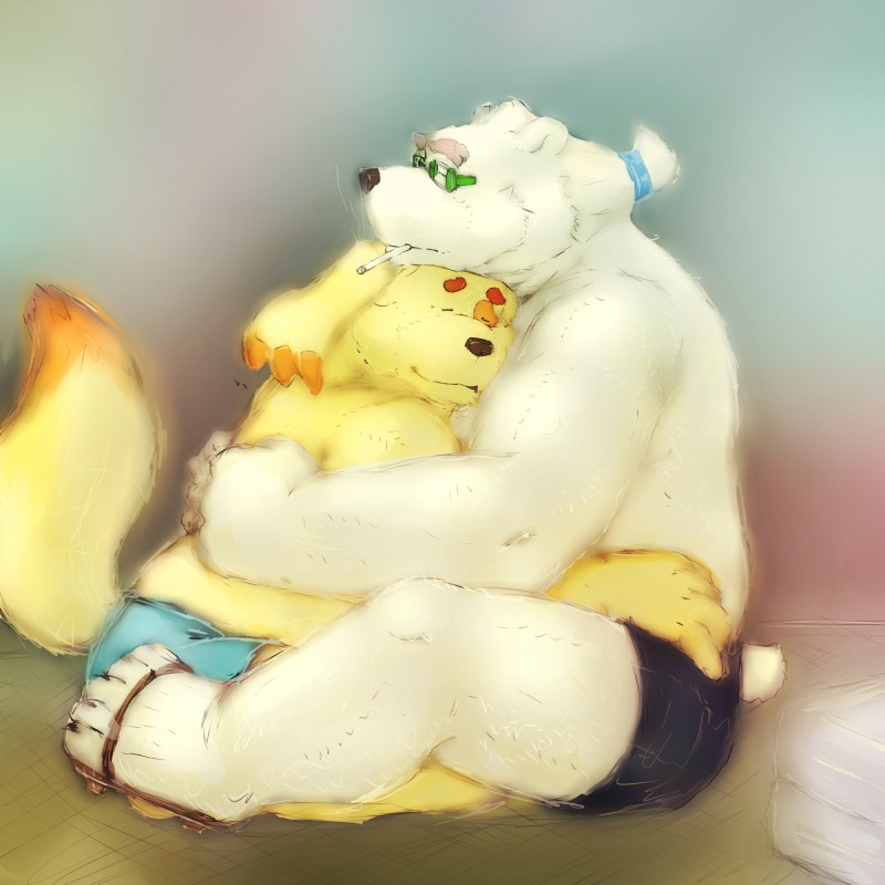 5_toes anthro belly bottomwear clothing duo eyes_closed eyewear feet flip_flops footwear fur glasses hug humanoid_hands male overweight overweight_male paws sandals shoes shorts sitting slightly_chubby smoking toes white_body white_fur laohu lifewonders tokyo_afterschool_summoners cu_sith_(tas) leib_(tas) bear canid canine canis domestic_dog mammal polar_bear ursine 1:1 2019 hi_res father_(lore) parent_(lore)