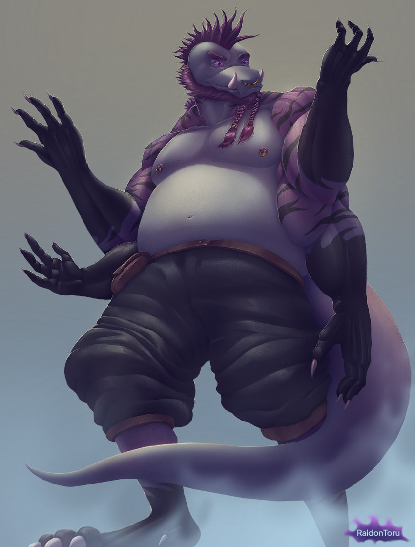 4_arms anthro beard belly facial_hair fusion male merging mohawk multi_arm multi_limb nipple_piercing nipples overweight overweight_male piercing solo transformation weight_gain raidontoru crius strava gnoll hyena mammal reptile scalie snake hi_res