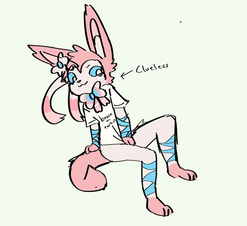 anthro anthrofied bottomless clothed clothing fur male pink_body pink_fur pokemorph shirt smile solo text text_on_clothing text_on_shirt text_on_topwear thin_calves thin_legs thin_thighs topwear bloowolfy nintendo pokemon eeveelution generation_6_pokemon pokemon_(species) sylveon 2022 full-length_portrait portrait