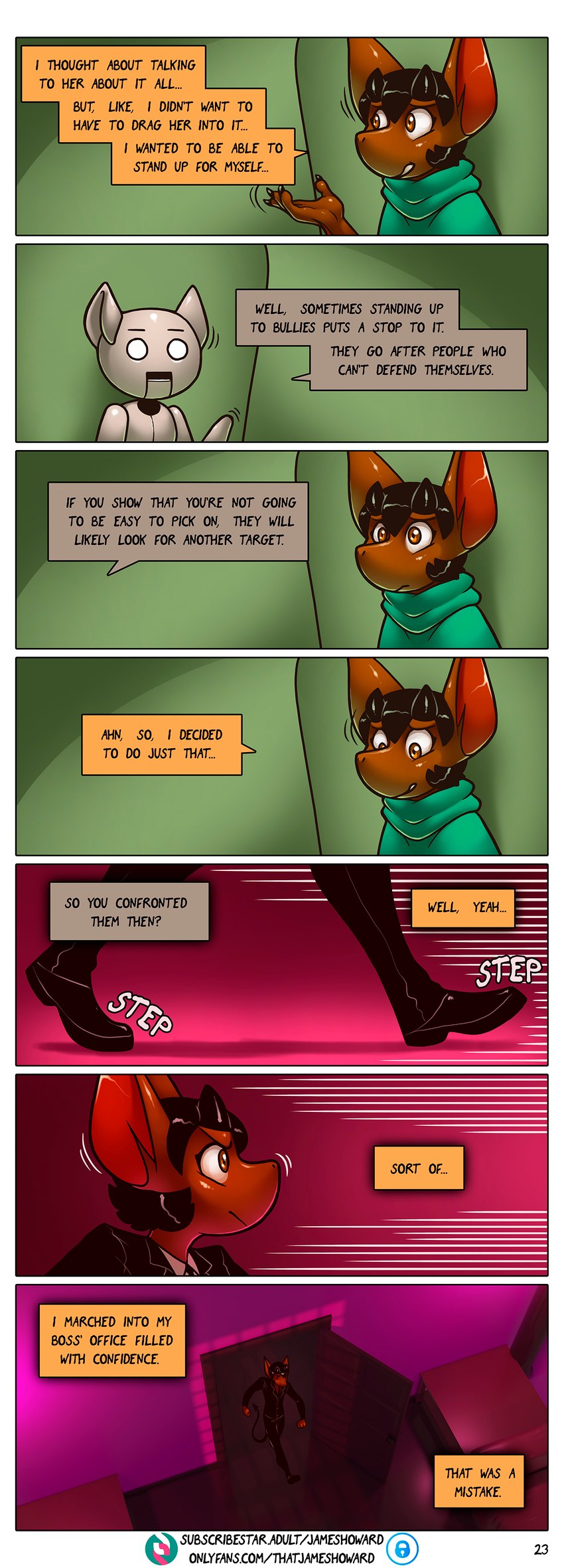 anthro dialogue duo machine male text james_howard onlyfans subscribestar aamon_(james_howard) reggie_(james_howard) bat demon domestic_cat felid feline felis mammal robot absurd_res comic english_text hi_res url