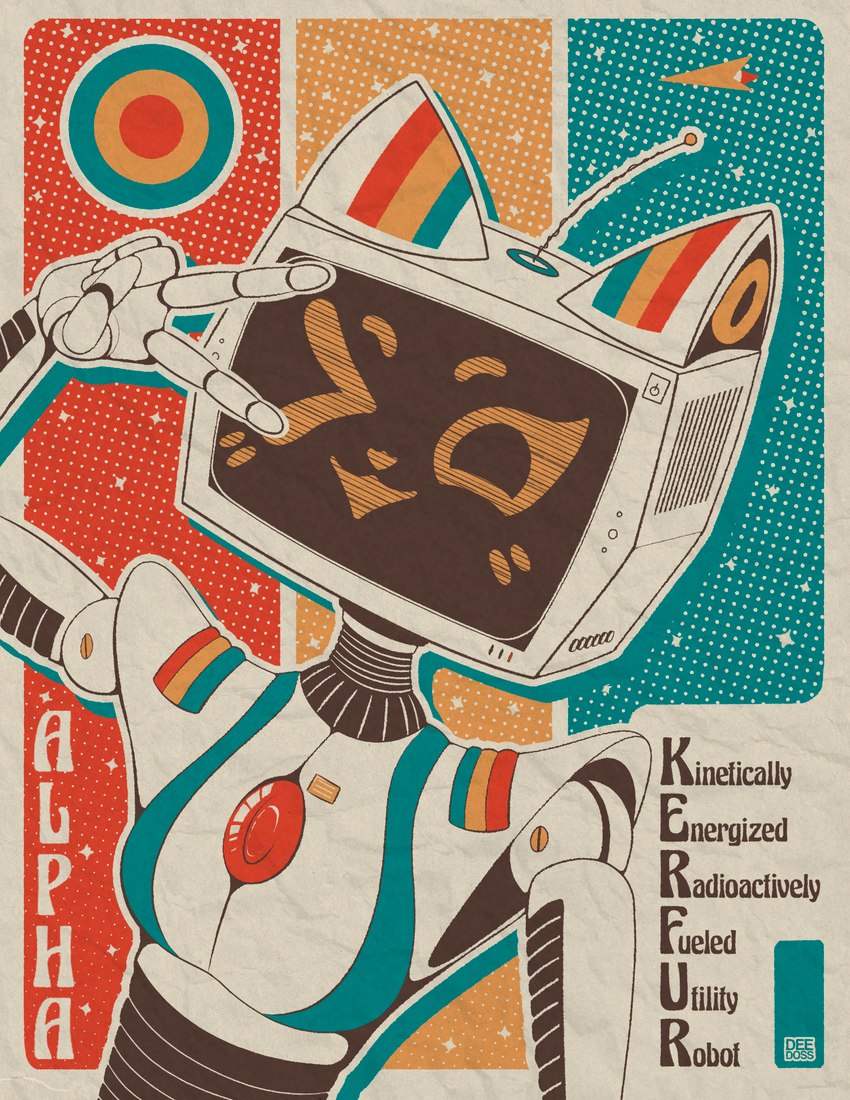 abbreviation ambiguous_gender antenna_wire ball_joints computer computer_monitor computer_screen electronics gesture hand_gesture looking_at_viewer machine one_eye_closed plastic poster retro slim smile smooth_body solo v_sign wink winking_at_viewer deedoss voices_of_the_void kerfur_omega_(votv) android felid feline humanoid mammal robot robot_anthro absurd_res halftone hi_res