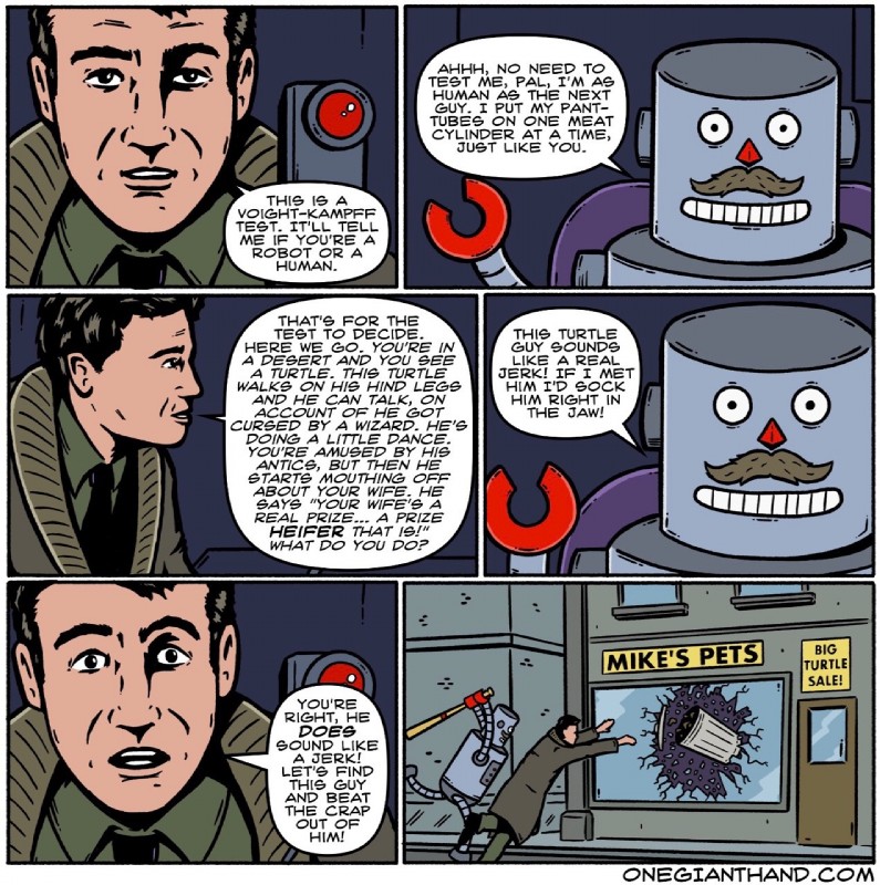 baseball_bat bat_(object) border dialogue facial_hair glass humor long_coat machine mustache necktie not_furry pet_store speech_bubble store storefront text trash_can voight-kampff_test white_border onegianthand blade_runner rick_deckard human mammal robot comic english_text hi_res url