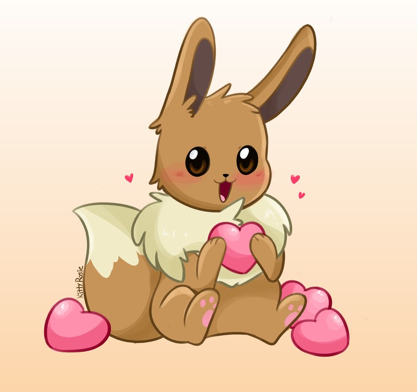 ambiguous_gender blush brown_body brown_eyes brown_fur feral front_view fur gradient_background heart_symbol looking_at_viewer neck_tuft open_mouth pawpads paws quadruped simple_background sitting solo tuft white_body white_fur kittyrosie nintendo pokemon eevee generation_1_pokemon pokemon_(species) 2021 absurd_res hi_res