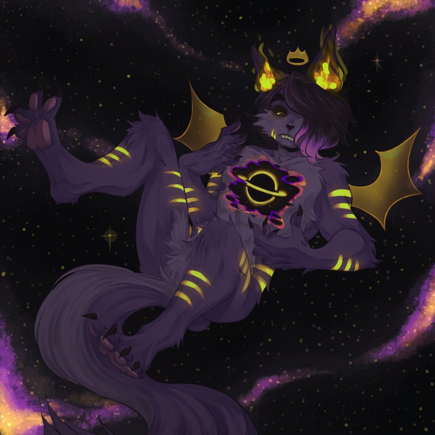 anthro black_hair black_hole black_nails black_sclera claws colored_nails cosmic_background covered_eye crown ears_up ethereal_horn ethereal_wings floating flying fur galaxy hair headgear hidden_eye hole_in_chest horn looking_at_chest magic male markings nails purple_body purple_fur purple_hairtip purple_tail snout solo space space_background star striped_body striped_fur stripes tail teeth wings yellow_eyes yellow_magic yellow_markings forestguiide greed_(yamikadesu) canid canine domestic_cat felid feline felis fox hybrid mammal 1:1 absurd_res hi_res