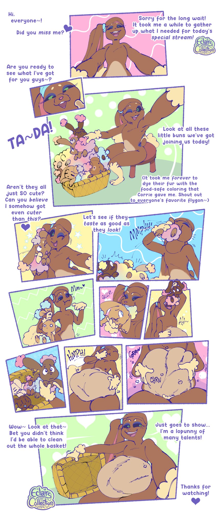 abdominal_bulge ambiguous_gender anthro basket container dialogue digestion digestion_noises ear_grab group hand_on_belly head_first heart_symbol looking_at_viewer multiple_prey neck_bulge one_eye_closed oral_vore sleeping soft_vore sound_effects swallowing swallowing_sound_effect text vore weight_gain wink winking_at_viewer eclairscollection nintendo pokemon buneary generation_4_pokemon lagomorph leporid lopunny mammal pokemon_(species) rabbit comic english_text hi_res