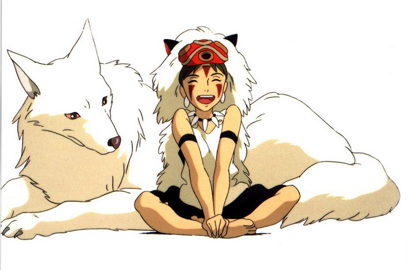 duo eyes_closed female feral open_mouth simple_background white_background ghibli princess_mononoke san_(princess_mononoke) canid canine canis human mammal wolf official_art