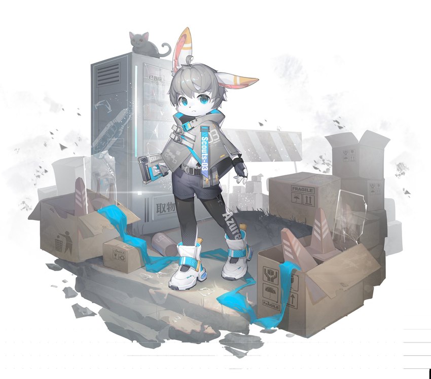 :< ahoge anthro black_clothing black_leggings black_legwear blue_eyes box clothed clothing container detailed_background dipstick_ears ear_markings fingerless_gloves footwear fully_clothed fur futuristic_clothing futuristic_gun gloves grey_hair grey_poncho hair handwear kemono leggings legwear looking_at_viewer male multicolored_ears navel pink_inner_ear pose shoes solo standing technologic traffic_cone triangle_nose two_tone_ears white_body white_ears white_fur yellow_body yellow_ears yellow_fur young young_anthro emolga_1 lagomorph leporid mammal rabbit 2022 digital_media_(artwork) digital_painting_(artwork) full-length_portrait hi_res portrait