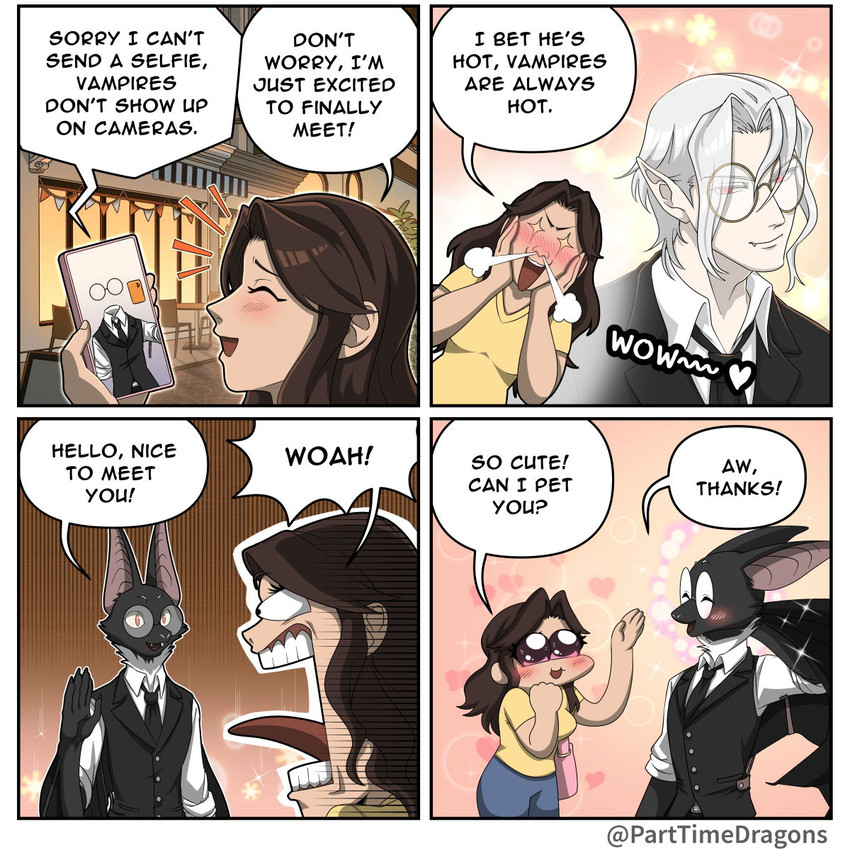 4_panel_comic anthro black_body black_fur blush clothed clothing collared_shirt dialogue dress_shirt duo eyewear female female_human fully_clothed fur glasses greeting hair humanoid_pointy_ears imagination male male_anthro male_human necktie pointy_ears red_eyes round_glasses shirt sparkles speech_bubble suit text topwear vest white_hair winged_arms wings parttimedragons bat human mammal 1:1 comic english_text hi_res