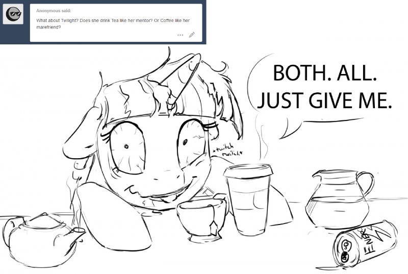 beverage bloodshot_eyes bodily_fluids caffeine can coffee container cup dialogue energy_drink female feral food hair messy_hair saliva solo steam tea_cup teapot text silfoe friendship_is_magic hasbro my_little_pony twilight_sparkle_(mlp) equid mammal 2016 better_version_at_source english_text monochrome