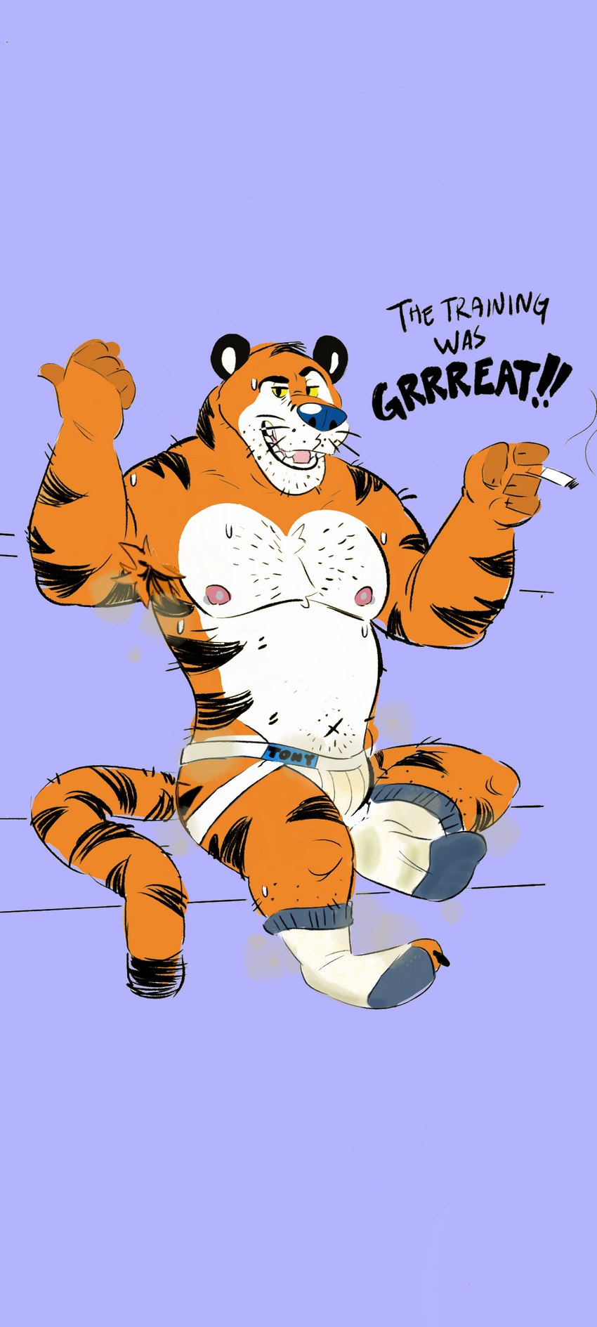 armpit_fetish armpit_hair body_hair clothing countershading dirty dirty_clothing dirty_socks footwear male mascot musclegut muscular musk musk_clouds socks solo text spazz_bear frosted_flakes kellogg's tony_the_tiger felid mammal pantherine tiger absurd_res english_text hi_res