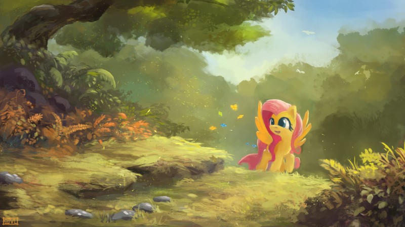 blue_eyes feathered_wings feathers female feral hair long_hair outside pink_hair plant solo tree wings yellow_body yellow_feathers ajvl friendship_is_magic hasbro my_little_pony mythology fluttershy_(mlp) arthropod butterfly equid equine insect lepidopteran mammal mythological_creature mythological_equine pegasus 2015 hi_res