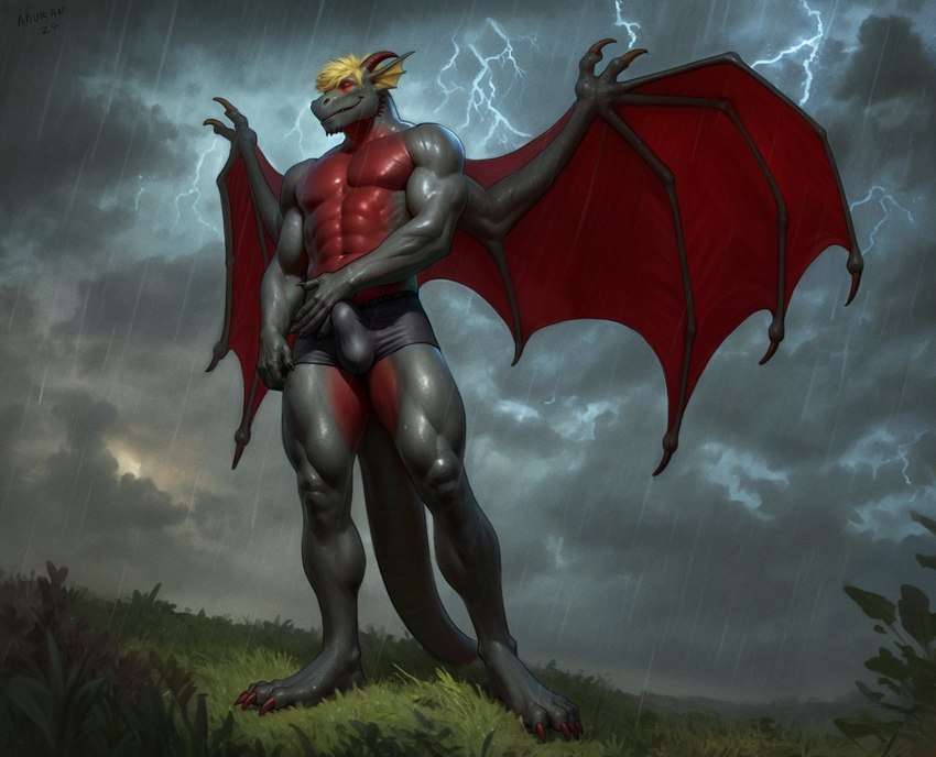 abs anthro biceps biped black_body boxer_briefs bulge claws clothing detailed_bulge electricity genital_outline grass hair horn lightning male membrane_(anatomy) membranous_wings multicolored_body muscular muscular_anthro muscular_male outside penis_outline plant solo standing tail thunderstorm toe_claws two_tone_body underwear wings aduran mythology dragon mythological_creature mythological_scalie scalie hi_res