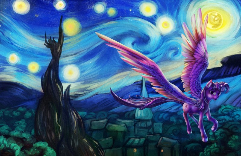 cutie_mark detailed_background feathered_wings feathers female flying forest fur hair horn looking_at_viewer moon multicolored_hair night outside plant purple_body purple_eyes purple_feathers purple_fur purple_hair sky solo tower town tree two_tone_hair wings viwrastupr friendship_is_magic hasbro my_little_pony mythology the_starry_night twilight_sparkle_(mlp) equid equine mammal mythological_creature mythological_equine winged_unicorn 2014 digital_media_(artwork) digital_painting_(artwork) inspired_by_formal_art painting_(artwork)