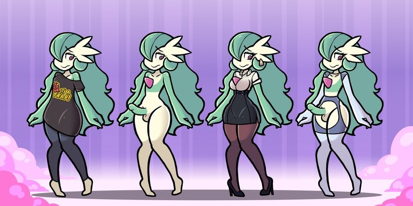 clothed clothing crossdressing femboy feminization green_hair group hair legwear lingerie long_hair makeup male pantyhose secretary solo gharug nintendo pokemon lynn_(gharug) gardevoir generation_3_pokemon humanoid pokemon_(species) 2:1 model_sheet