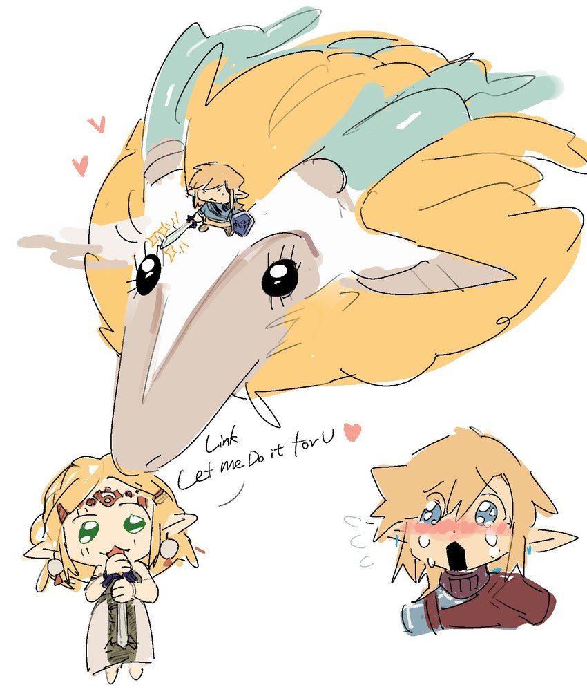 blonde_hair blush bodily_fluids chibi clothed clothing crying dialogue female feral group hair horn larger_feral male master_sword melee_weapon size_difference sword tears text weapon nihaku let_me_do_it_for_you mythology nintendo tears_of_the_kingdom the_legend_of_zelda light_dragon_(totk) link princess_zelda dragon humanoid hylian mythological_creature mythological_scalie scalie english_text hi_res meme