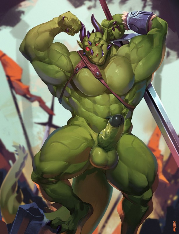 5_fingers abs anthro armband balls biceps big_balls big_biceps big_muscles black_claws black_glans claws erection fingers fist flag flag_(object) flexing genitals glans green_balls green_body green_penis holding_melee_weapon holding_object holding_sword holding_weapon horn huge_muscles humanoid_genitalia humanoid_penis male melee_weapon muscular muscular_anthro muscular_male navel non-mammal_balls nude obliques outside pecs penis pupils red_sclera slit_pupils smile smirk solo standing step_pose sword tail teeth torn_flag triceps vein veiny_muscles veiny_penis weapon mystikfox61 mythology varanis_blackclaw dragon mythological_creature mythological_scalie reptile scalie 2019 digital_media_(artwork) hi_res