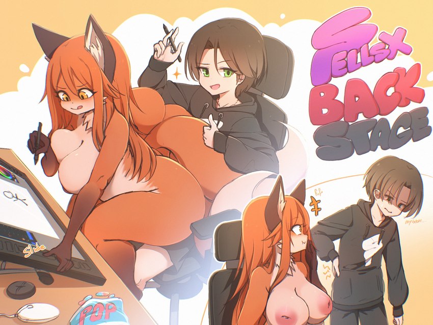 amber_eyes anthro areola back_pain big_breasts big_butt big_ears black_hair breasts butt chair clothed clothing computer_mouse drawing duo electronics female fur furniture hair heavy inverted_nipples kemono long_hair looking_at_viewer male multi_tail nipples nude office_chair on_chair on_lap orange_body orange_fur simple_background sitting sitting_on_chair sitting_on_lap tablet tablet_computer tablet_pen tail text thick_thighs topless white_body white_fur wide_hips spellsx miyako_(spellsx) canid canine fox human mammal 4:3 digital_media_(artwork) hi_res