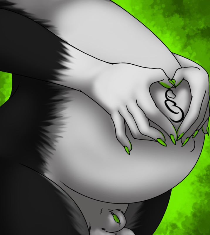 5_fingers animal_genitalia anthro balls belly belly_focus big_belly black_body black_fur claws faceless_character fingers fur genitals gesture green_background green_claws grey_body grey_fur heart_gesture male penis pregnant pregnant_anthro pregnant_male sheath simple_background solo torso_shot white_body white_fur sweetvixsin ventus_the_sox canid canine fox hybrid mammal mephitid skunk 2018 digital_media_(artwork)