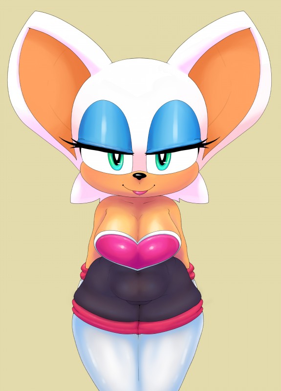 anthro big_breasts blue_eyeshadow breasts cleavage clothed clothing eyeshadow female gloves green_eyes hands_behind_back handwear legwear makeup simple_background solo standing thigh_highs punkinillus sega sonic_the_hedgehog_(series) rouge_the_bat bat mammal absurd_res hi_res