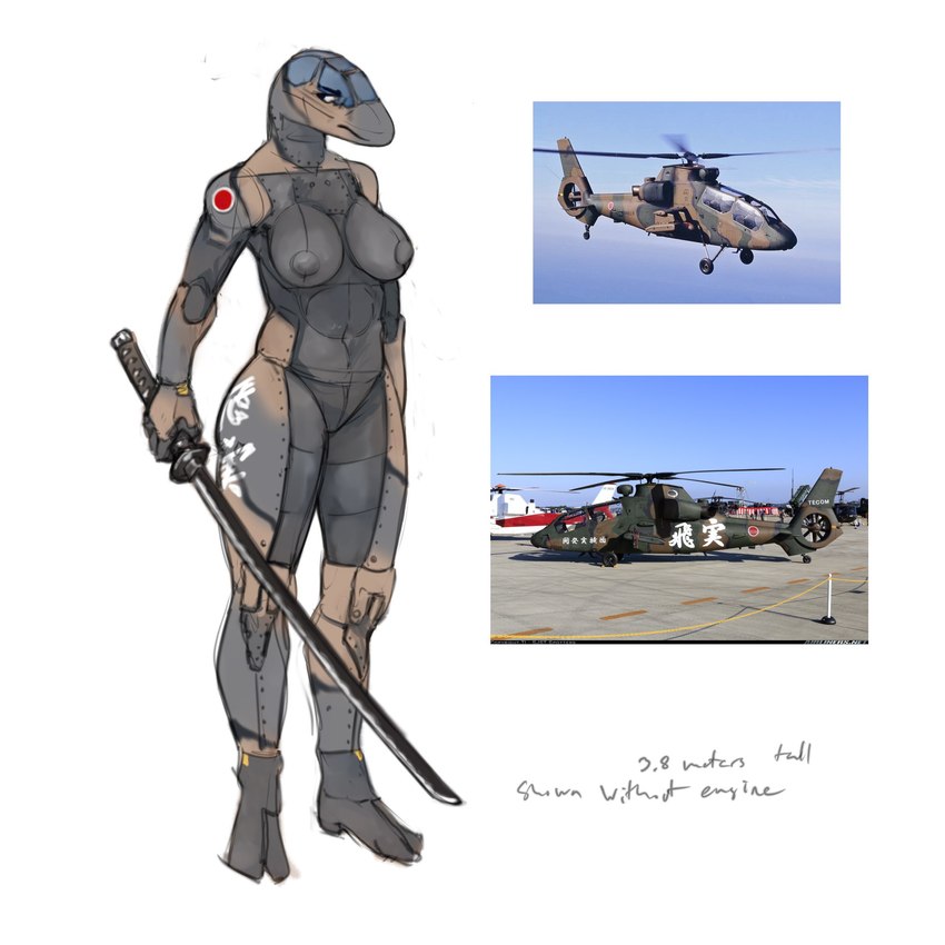 aircraft annoyed anthro areola breasts female helicopter holding_melee_weapon holding_object holding_sword holding_weapon katana looking_back machine melee_weapon nipples non-mammal_nipples nude simple_background solo sword vehicle weapon banoncat kawasaki oh-1 aircraft_humanoid living_aircraft living_helicopter living_machine living_vehicle 1:1 2023 hi_res