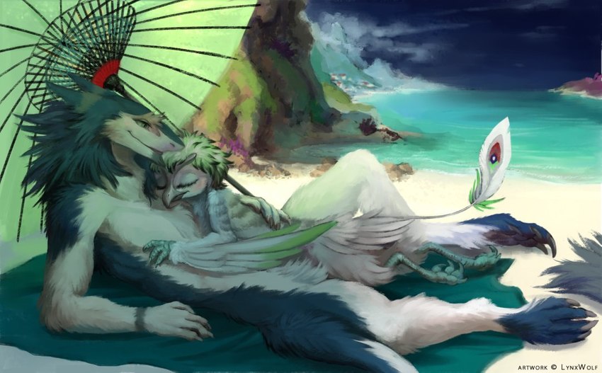 amazing_background anthro arm_markings beach_towel beach_umbrella beak blue_body blue_feet blue_fur blue_hair blue_sky claws cloud detailed_background duo ear_markings eyebrows facial_markings feathers feet female fluffy fluffy_tail fur green_body green_feather_hair green_feathers green_feet green_hands green_towel green_umbrella green_water grey_beak hair head_markings leg_markings male male/female markings parasol plant pointy_ears prick_ears sea sky socks_(marking) tail thick_eyebrows towel water white_body white_feathers white_fur white_hands wrist_markings lynxwolf morea_(lynxwolf) rou_(nevrean) avian nevrean sergal detailed watermark