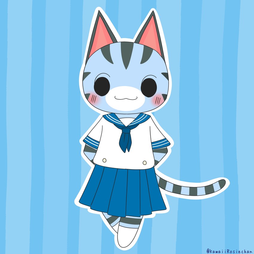 :3 anthro blush bottomwear clothed clothing female fur gloves_(marking) hands_behind_back kerchief leg_markings markings neckerchief neckwear pleated_skirt pointy_ears prick_ears school_uniform shirt skirt socks_(marking) solo striped_body striped_fur striped_markings striped_tail stripes tail tail_markings topwear uniform kawaiirosiechan animal_crossing nintendo lolly_(animal_crossing) 1:1 absurd_res full-length_portrait hi_res portrait