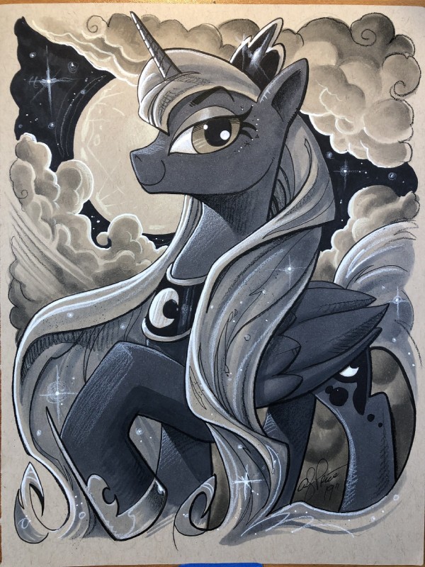 crown female full_moon hair headgear horn jewelry long_hair moon necklace solo tiara wings andy_price friendship_is_magic hasbro my_little_pony mythology princess_luna_(mlp) equid equine mammal mythological_creature mythological_equine winged_unicorn 3:4 hi_res monochrome