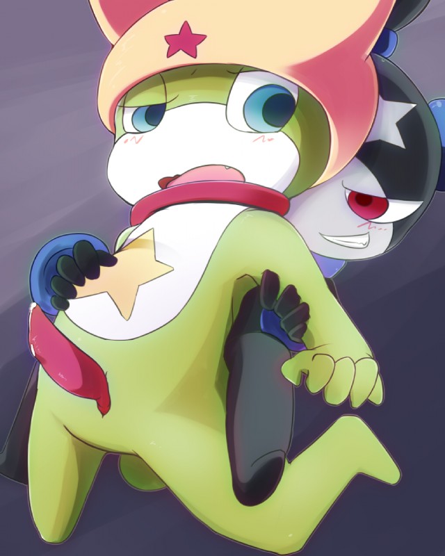 blue_eyes blush bodily_fluids cum duo genital_fluids genitals grin male penis red_eyes smile borushi sgt._frog shin_keroro amphibian keronian 2015 4:5 hi_res