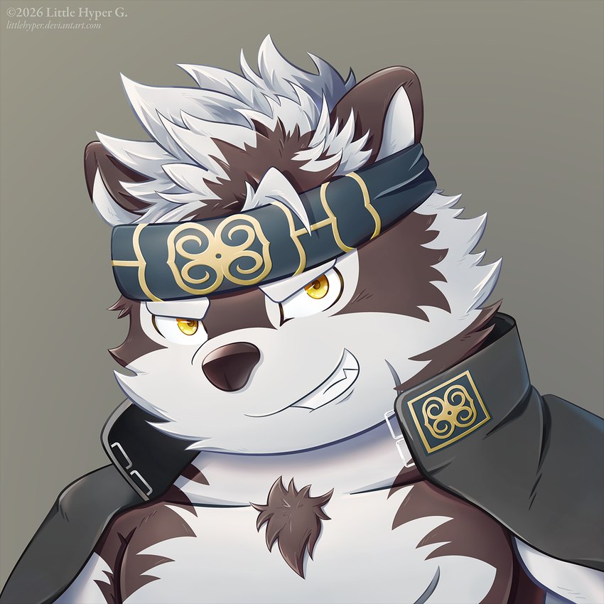 accessory anthro brown_body brown_fur chest_tuft clothing fur grey_body grey_fur grin grinning_at_viewer headband jacket looking_at_viewer male smile solo topwear tuft yellow_eyes littlehyper lifewonders tokyo_afterschool_summoners horkeu_kamui_(tas) canid canine canis mammal wolf hi_res