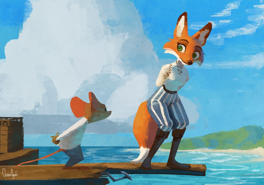 anthro big_butt boots breasts butt clothing cloud duo execution eye_contact female footwear green_eyes hands_tied_behind_back island looking_at_another looking_at_partner male rope sea ship shoes sky vehicle water watercraft wide_hips gamgyuls canid canine fox mammal mouse murid murine rodent absurd_res hi_res