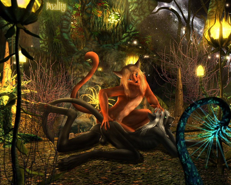 3d_background 4_fingers 4_toes anthro backsack balls bioluminescence black_body black_fur black_nose blonde_hair blue_eyes butt butt_grab claws crouching detailed_background duality duo fantasy feet fingers forest fur genitals glowing green_eyes hair hand_in_hair hand_on_butt long_hair long_legs long_tail lying male male/male nature night nude on_front orange_body orange_fur outside paws plant sky smile star starry_sky tail teeth toe_claws toes touching_hair tree water white_hair selker selker_ari felid mammal pantherine 2012 5:4 hi_res