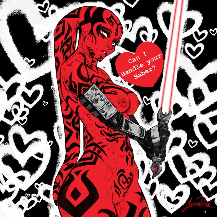 armor armwear breasts clothing elbow_gloves eyelashes female gloves handwear heart_symbol holidays lekku_(anatomy) lightsaber looking_at_viewer melee_weapon navel nipples not_furry red_body red_eyes red_lightsaber red_skin sith sith_lord solo tattoo text weapon lemonbird star_wars valentine's_day darth_talon alien alien_humanoid humanoid twi'lek 1:1 2024 absurd_res hi_res