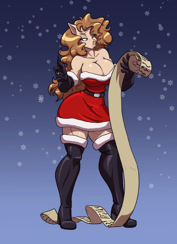 armwear big_breasts blonde_hair boots breasts cleavage clothed clothing dual_holding elbow_gloves female footwear fountain_pen gloves hair handwear holding_list holding_object holding_paper holding_pen holding_writing_utensil holidays huge_breasts legwear list paper pen physical_list shoes solo thigh_highs wide_hips writing_utensil toughset christmas ludwig_bullworth_jackson_(copyright) suea_sowwet domestic_pig mammal suid suine sus_(pig) 2019 hi_res