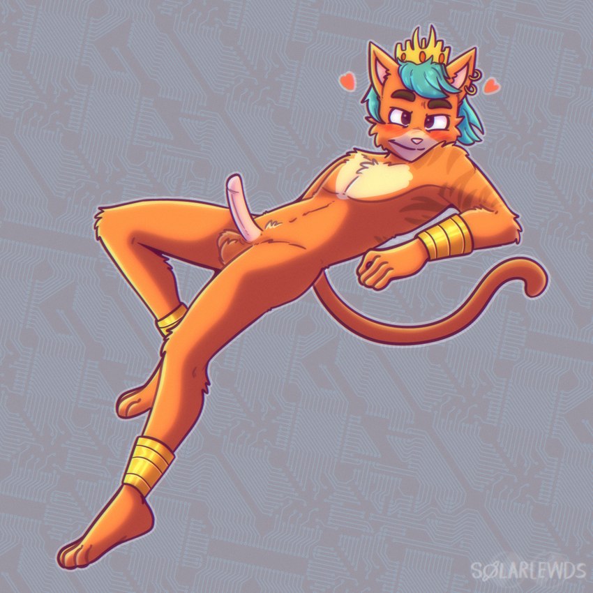 aged_up anthro armor balls blue_hair blush clothing crown ear_piercing erection fur gauntlets genitals gloves hair handwear headgear heart_symbol looking_at_viewer male nude orange_body orange_fur piercing scar simple_background solo tail time_skip solarlewds final_space little_cato felid feline mammal ventrexian digital_media_(artwork) hi_res