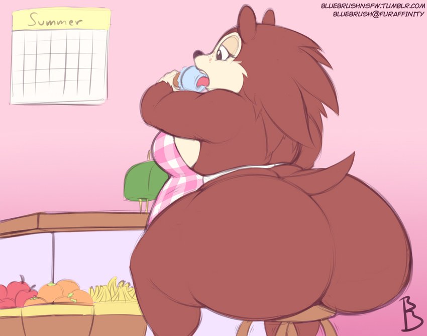 anthro apple apron apron_only banana belly big_belly big_breasts big_butt black_nose breasts brown_body brown_tail butt calendar clothing eyelashes feederism female food fruit fruit_basket gradient_background huge_breasts huge_butt hyper hyper_butt ice_cream_cone licking_ice_cream lidded_eyes multicolored_body orange_(fruit) overweight overweight_anthro overweight_female plant short_tail side_boob simple_background sitting_on_stool solo summer tail tan_body text tongue tongue_out two_tone_body weight_gain nekocrispy animal_crossing nintendo sable_able eulipotyphlan hedgehog mammal 2016 digital_drawing_(artwork) digital_media_(artwork) english_text signature url