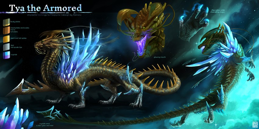 all_fours ambiguous_gender blue_background crystal feral horn purple_mouth scales simple_background snout solo spikes tail text yellow_body yellow_scales raironu mythology tya_the_armored dragon mythological_creature mythological_scalie scalie 2023 2:1 english_text hi_res model_sheet