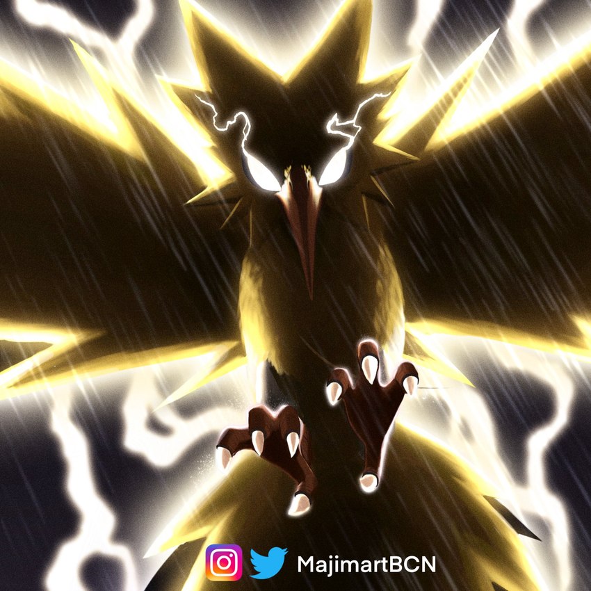 ambiguous_gender backlighting beak claws electricity electrogenesis feathers feral glowing glowing_eyes light raining simple_background solo thunder thunderstorm yellow_body yellow_feathers majimartbcn nintendo pokemon avian generation_1_pokemon legendary_pokemon pokemon_(species) zapdos 1:1 colored digital_media_(artwork) digital_painting_(artwork) hi_res lighting painting_(artwork) shaded signature watermark