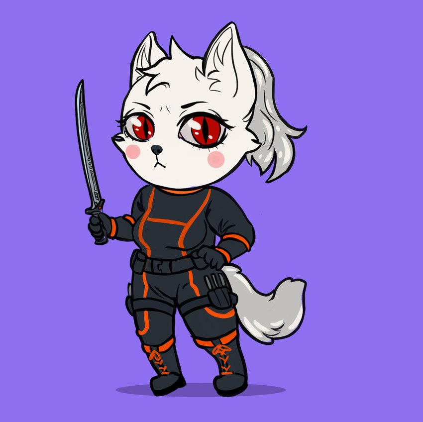 5_fingers anthro black_nose bodysuit boots breasts chibi clothed clothing death_glare female fingers footwear fur gloves hair handwear holding_melee_weapon holding_object holding_sword holding_weapon humanoid_hands inner_ear_fluff looking_at_viewer melee_weapon ponytail red_eyes shoes skinsuit solo standing sword tight_clothing tuft weapon white_body white_fur white_hair cinnameana murmur_(slanda) arctic_fox canid canine fox mammal true_fox 2022 digital_media_(artwork)